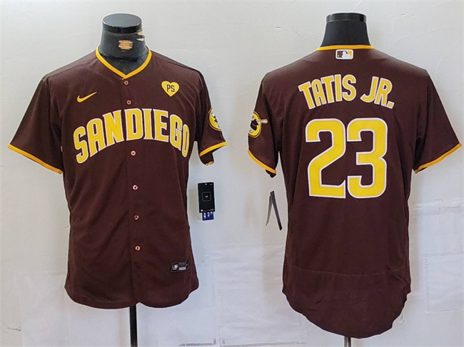 Men's San Diego Padres #23 Fernando Tatis Jr. Brown With PS Patch Flex Base Stitched Baseball Jersey Men's San Diego Padres #23 Fernando Tatis Jr. Brown With PS Patch Flex Base Stitched Baseball Jersey